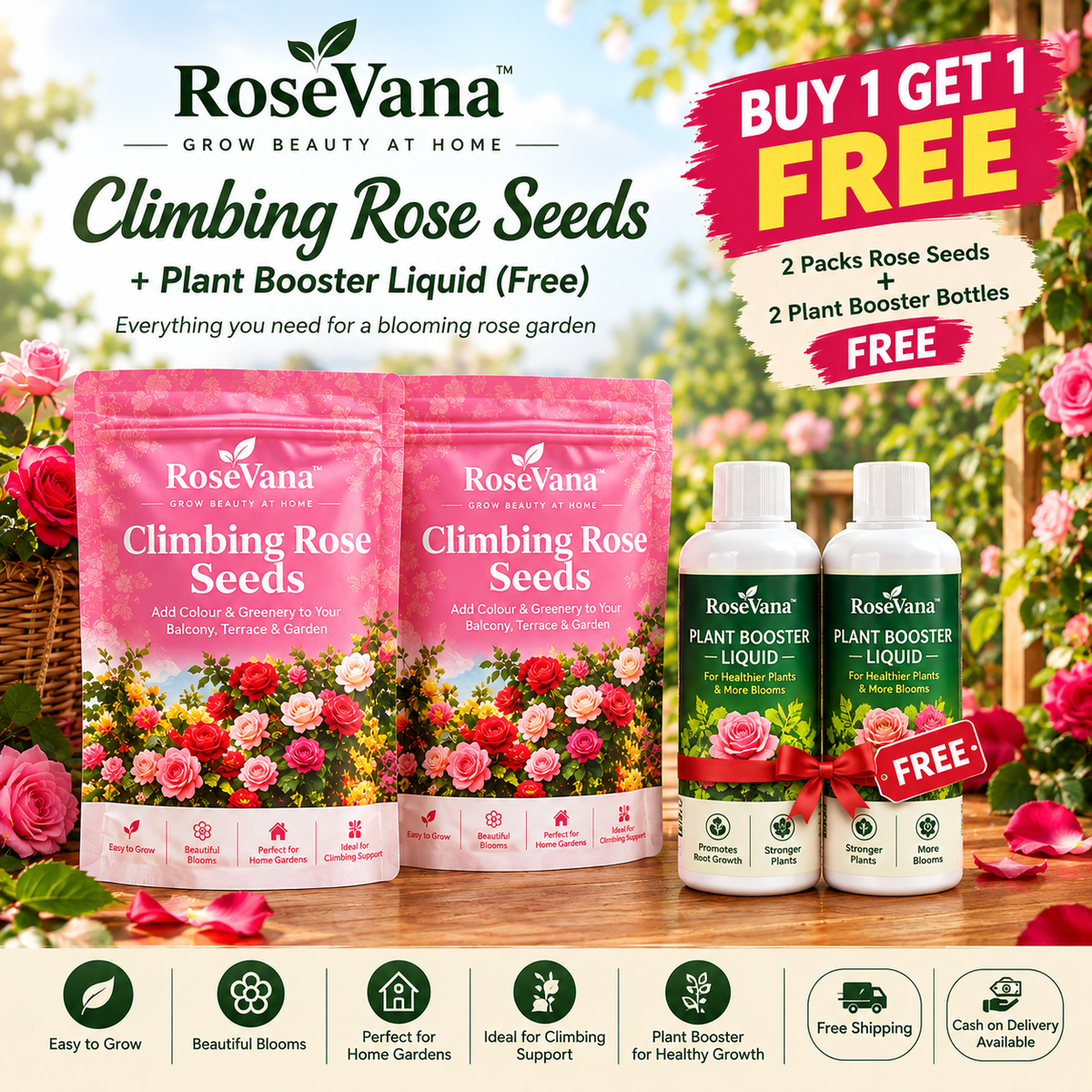 Imported RoseVana™ Climbing Rose Seeds (Buy 1 Get 1 Free) | With FREE PLANT GROWTH SUPPLEMENT