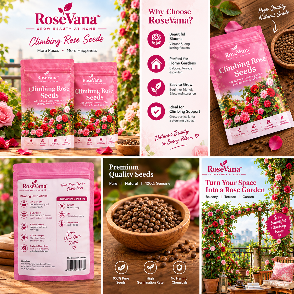 RoseVana™ Climbing Rose Seeds – Buy 1 Get 1 FREE | With a free gift of Plant booster Liquid (2 bottles)