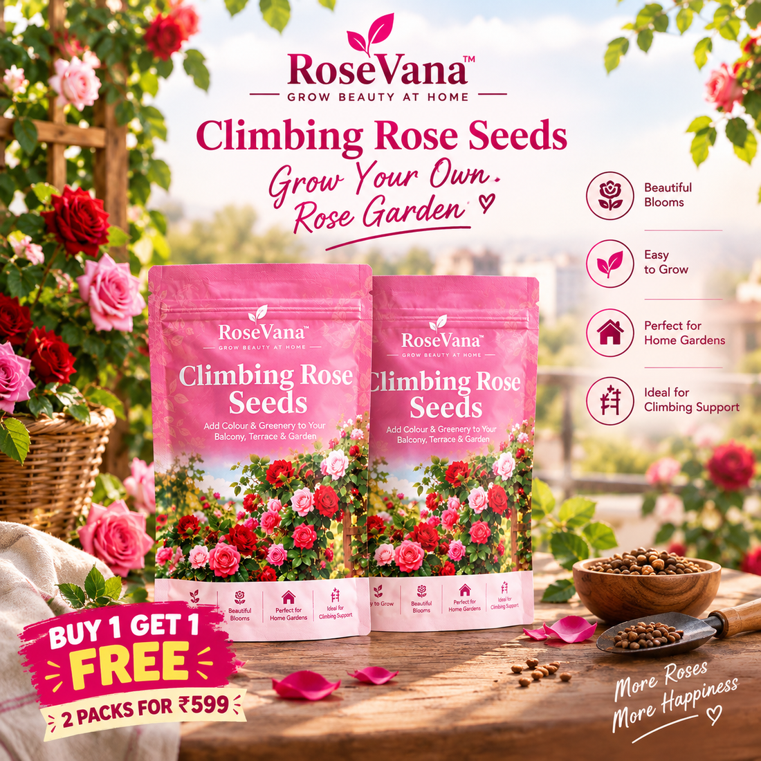 RoseVana™ – Premium Climbing Rose Seeds | Buy 1 Get 1 FREE