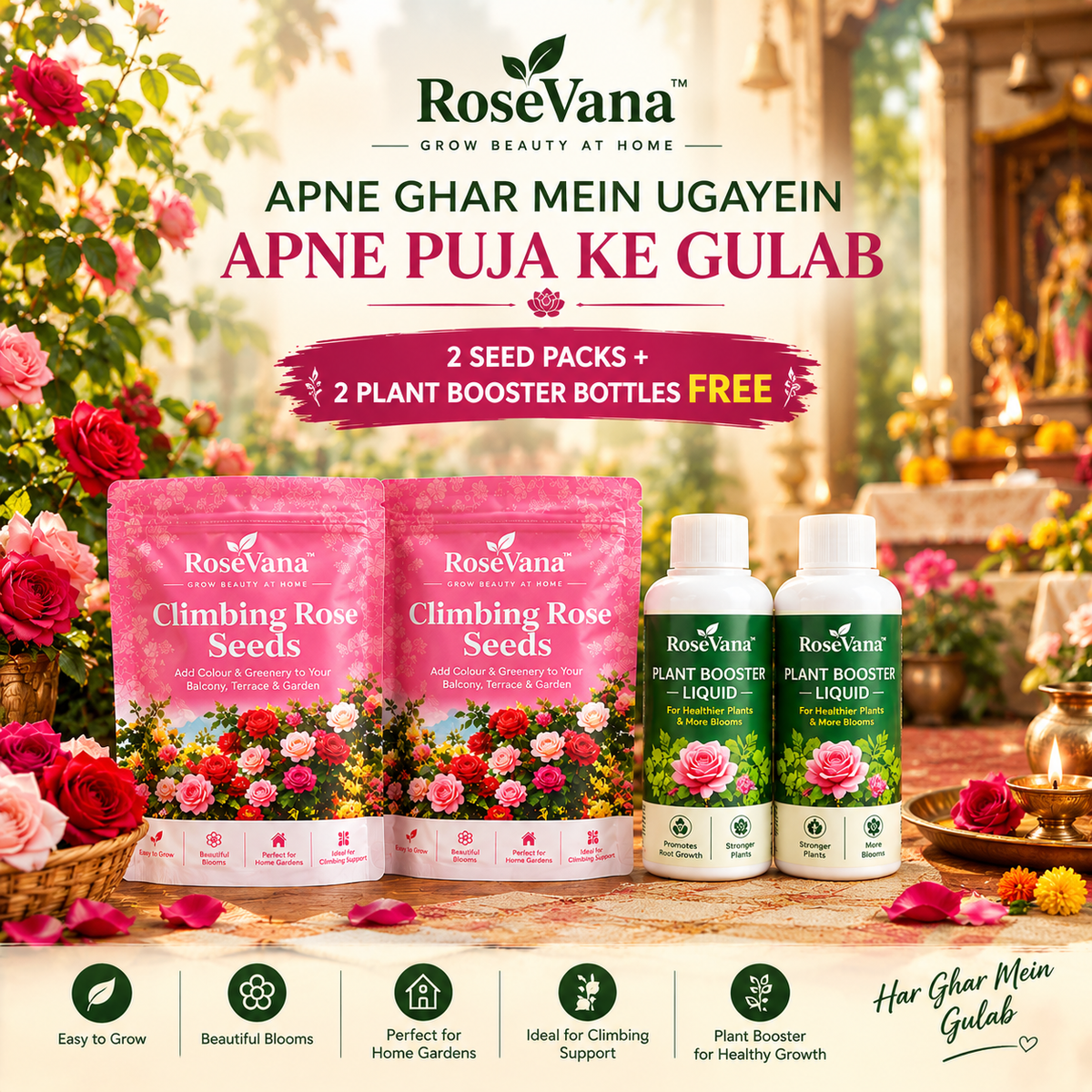 RoseVana™ Climbing Rose Seeds – Buy 1 Get 1 FREE | With a free gift of Plant booster Liquid (2 bottles)