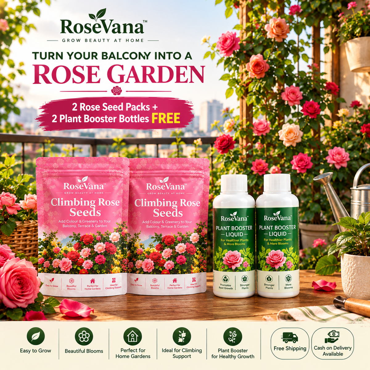 RoseVana™ Climbing Rose Seeds – Buy 1 Get 1 FREE | With a free gift of Plant booster Liquid (2 bottles)